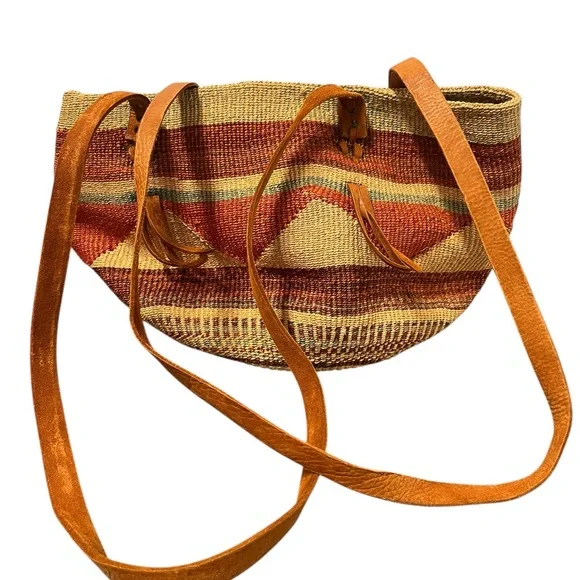 Vintage Raffia Woven Shoulder Bag Boho Beach Bucket Leather Strap Large Brown - Picture 9 of 9